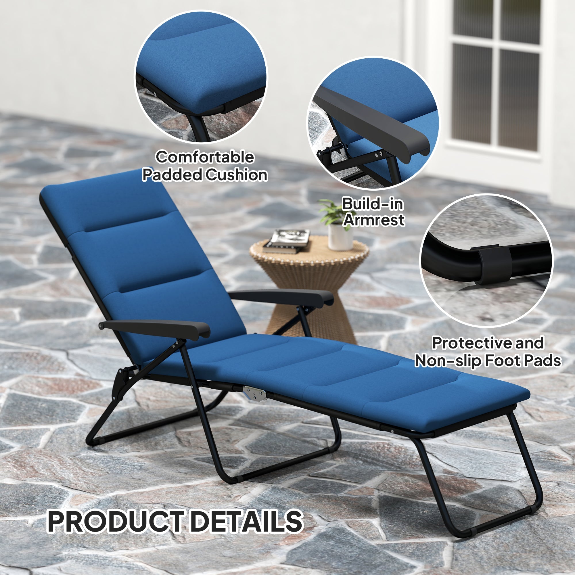 Outsunny Foldable Lounge Chair, Reclining Patio Sun Lounger with 6-Position Adjustable Back, Blue