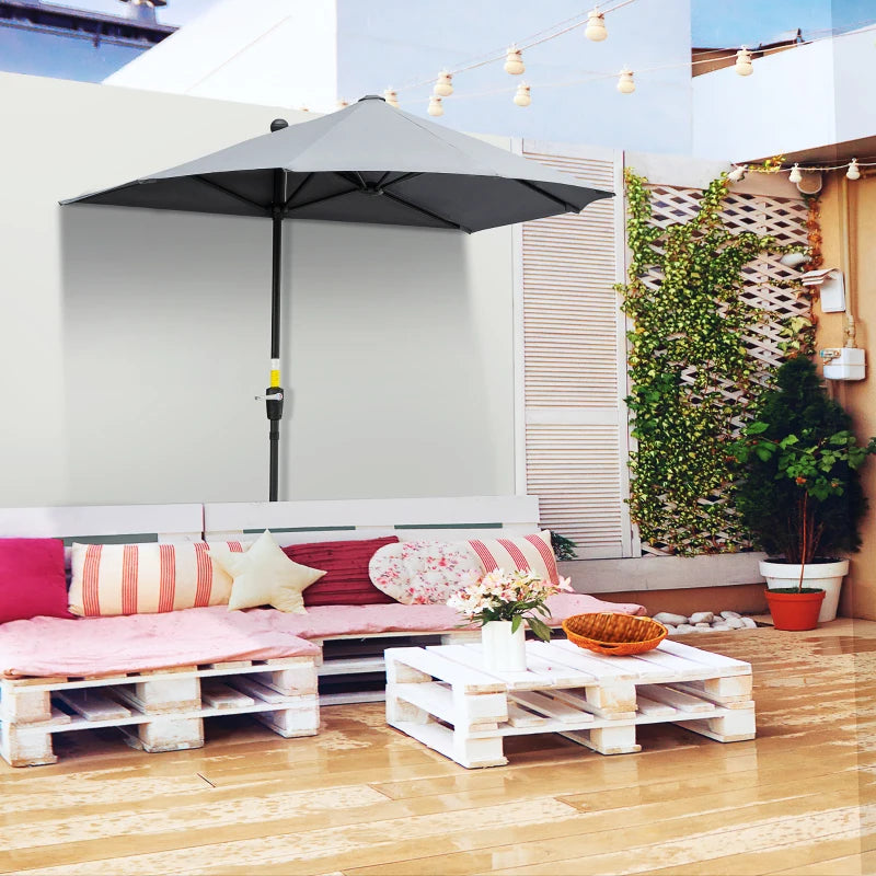 6.6 x 6ft Half Patio Umbrella Outdoor Parasol with Double-Sided Canopy, Crank Handle, Base for Garden, Balcony, Grey