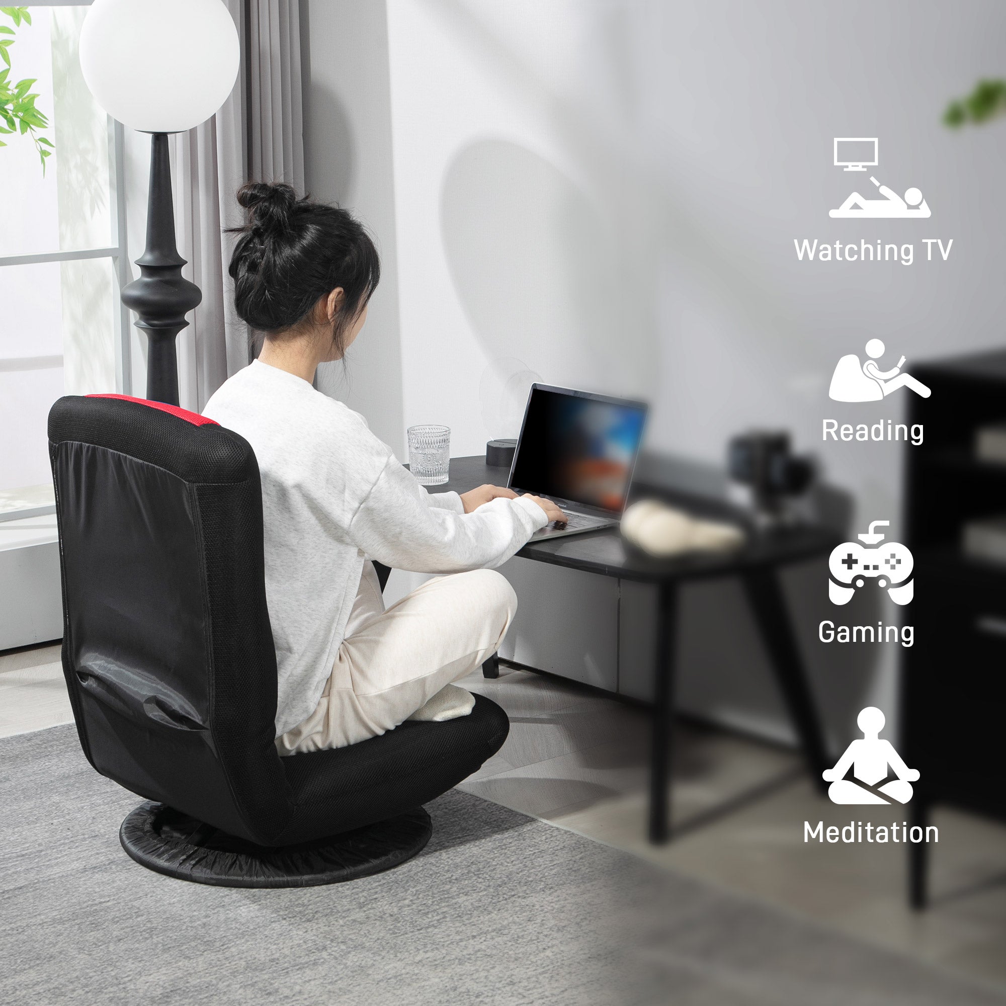 HOMCOM Folding Floor Chair for Adults Teens, 360 Degree Swivel Gaming Chair, 6 Positions Adjustable Lazy Sofa Chair, Red