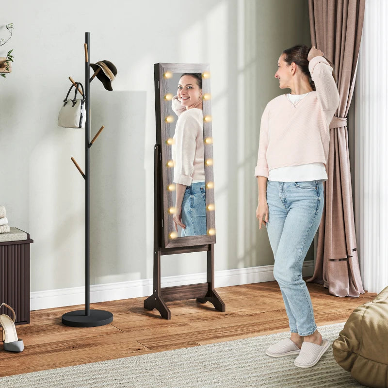 Free Standing Armoire Organizer, Lighted Mirrored Jewelry Cabinet w/ Angle Adjustable & 16 LED Lights, Dark Brown