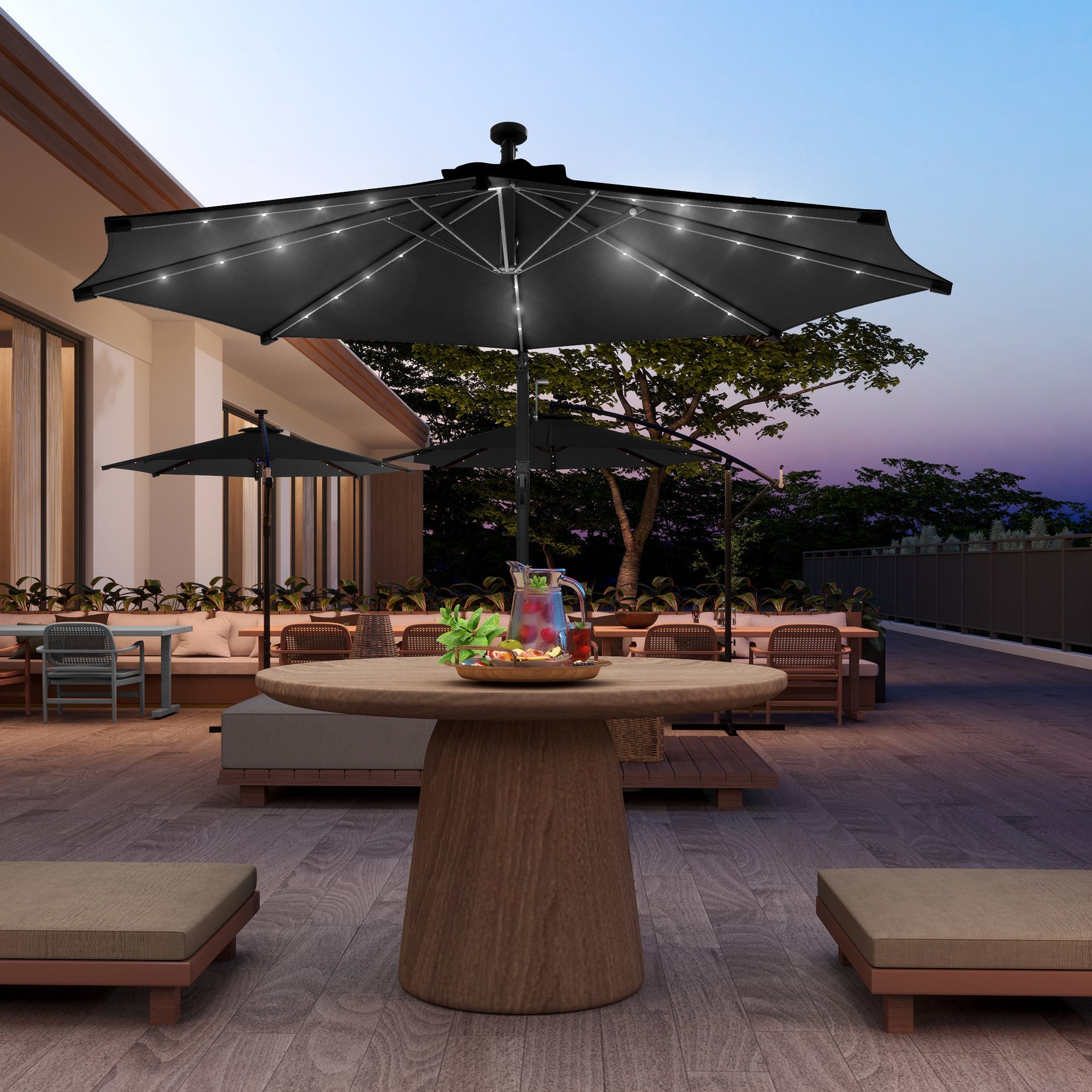 Outsunny 10ft Outdoor Cantilever Umbrella Banana Umbrella with Solar Lights and Adjustable Angle for Patio Backyard Black