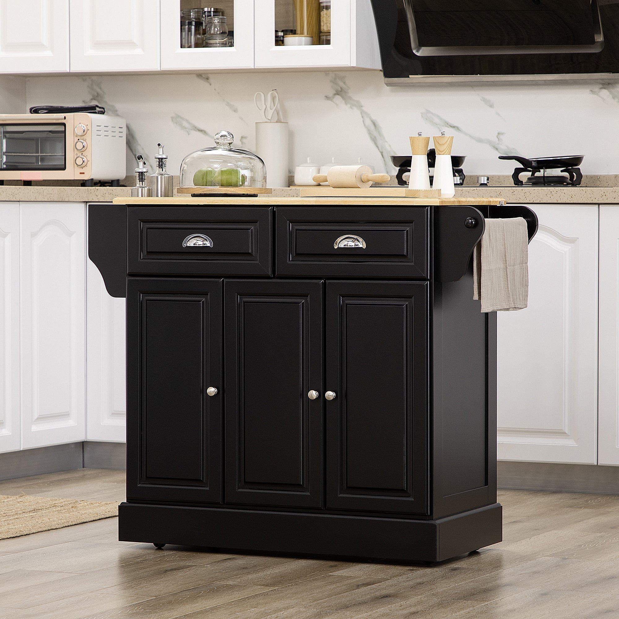 HOMCOM Kitchen Island Cart Wood Top Towel Rack Drawer Cabinet Black Mobile Furniture Prep Station