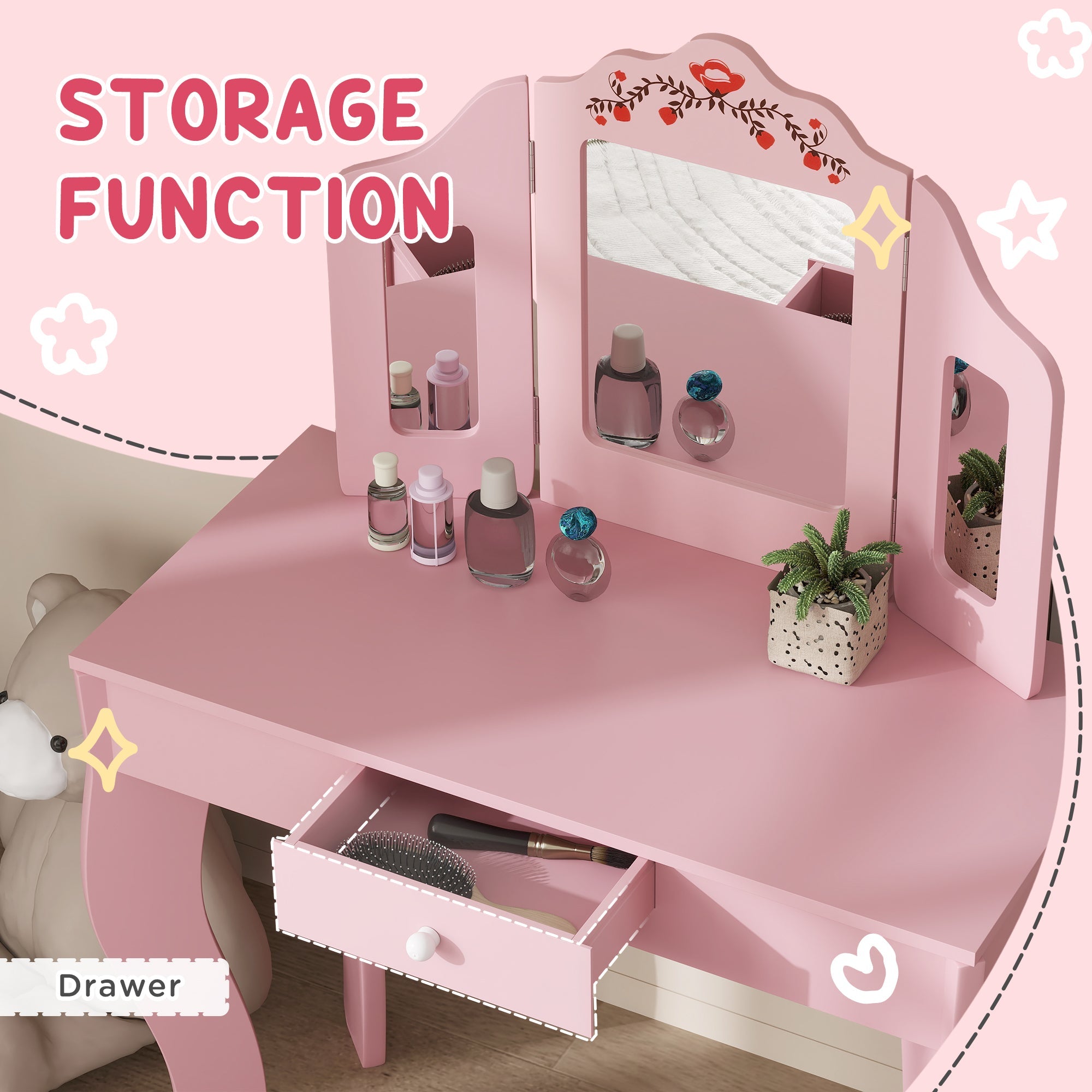 Qaba Kids Vanity Set, Dual-Use Dressing Table with Removable Tri-Folding Mirror and Drawer, for Ages 3-8, Pink