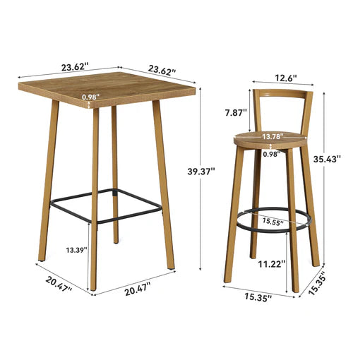 Bar Table Set 39.4" Square High-Top Bistro Pub Table with 2 Chairs Compact Space-Saving Design with Footrests Oak Finish for Home Kitchen Balcony