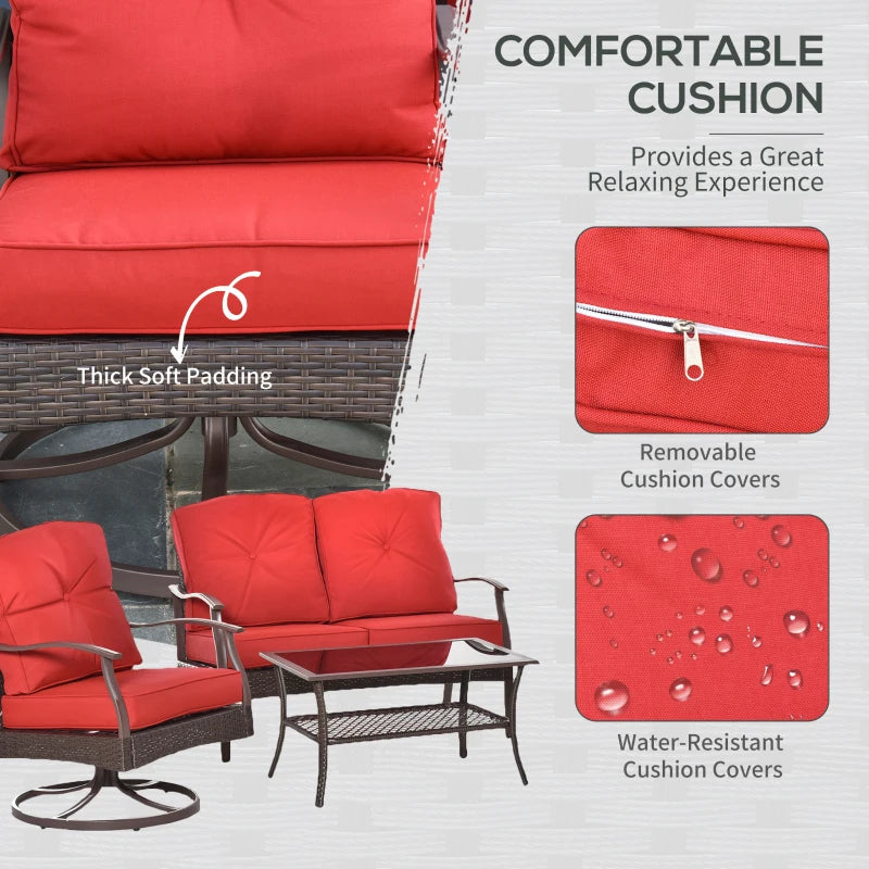 Outsunny 4 PCS Patio PE Rattan Wicker Sofa Set Outdoor Conversation Furniture w/ Two Tier Tea Table & Cushions, Red