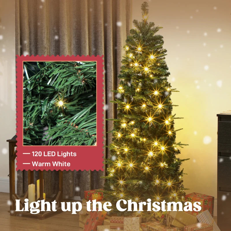 HOMCOM 7FT Prelit Pop Up Artificial Christmas Tree, Collapsible Green Xmas Tree with Warm White LED Lights and Metal Stand