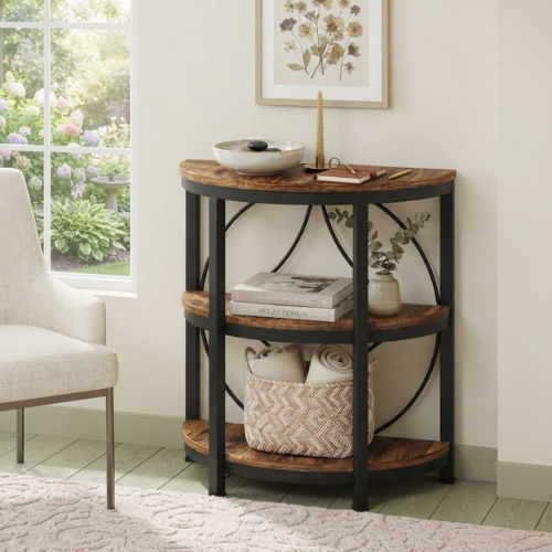 23.62" Half-Round End Table, 3-Tier Narrow Side Table with Metal Frame, Rustic Brown Half-Moon Sofa Table
