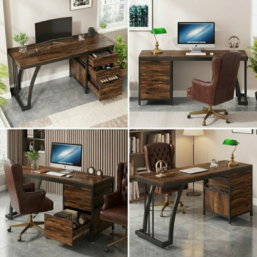 59" Industrial Computer Desk with Reversible Drawer Cabinet for Study & Office
