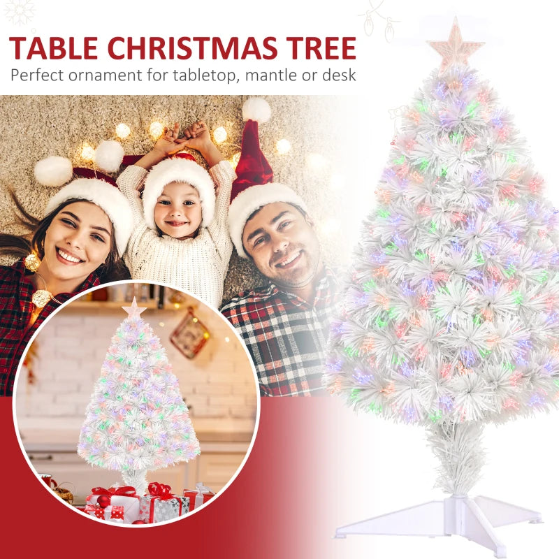 HOMCOM 2.5FT Prelit Artificial Tabletop Christmas Tree with Fibre Optics Holiday Home Xmas Decoration for Table and Desk White