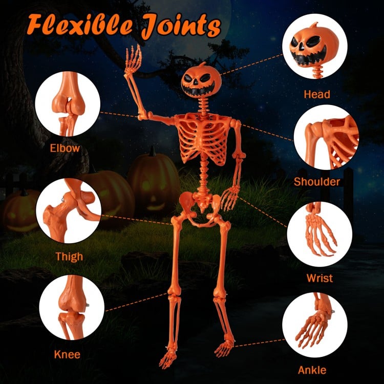 5.2 FT Orange Life-Size Poseable Halloween Skeleton with Pumpkin Head and Movable Joints