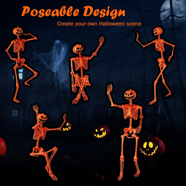 5.2 FT Orange Life-Size Poseable Halloween Skeleton with Pumpkin Head and Movable Joints