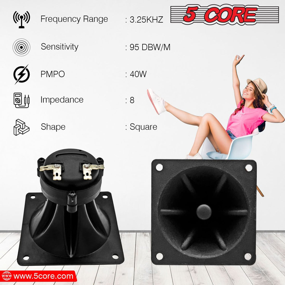 5Core Tweeter 3.25" x 3.25" 40W Component Square Driver Replacement Piezo Super Horn