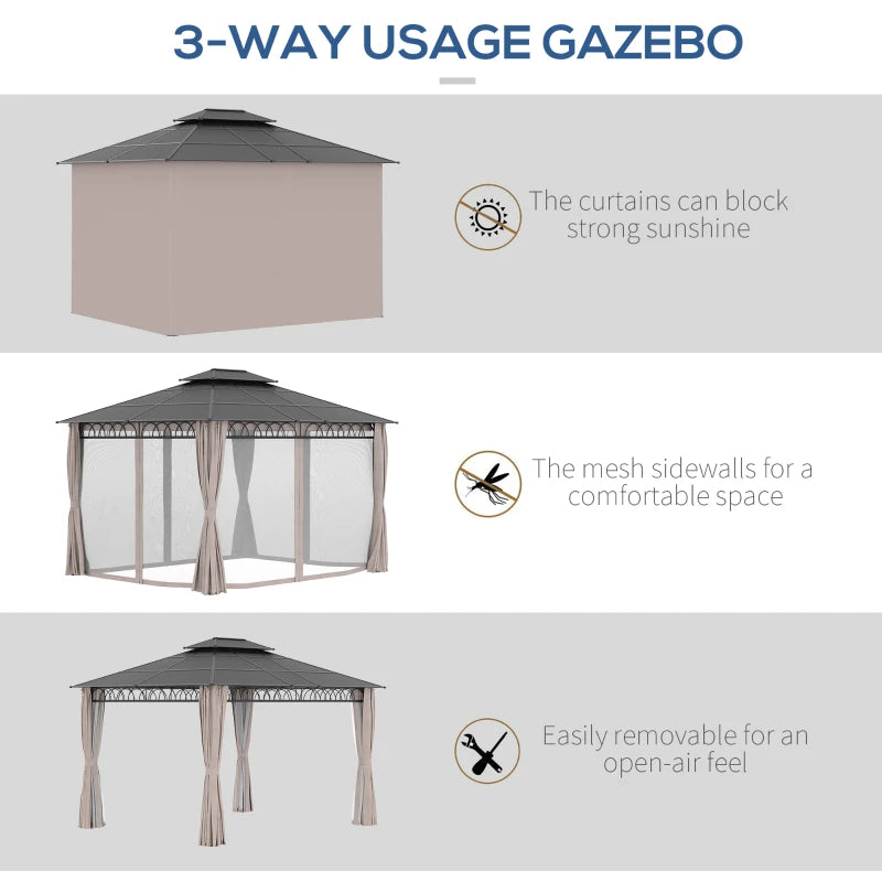 Outsunny 10' x 12' Outdoor Gazebo Canopy, Double Roof Hardtop Gazebo with Polycarbonate Roof, Steel Frame, Nettings and Curtains, for Garden, Lawn, Backyard and Deck, Khaki