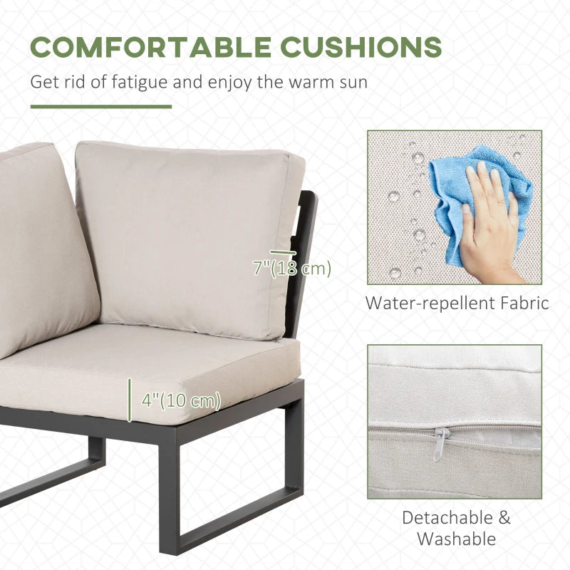 Outsunny 6-Piece L-shaped Patio Furniture Set for 7, Aluminium Conversation Set Sectional Corner Sofa Set with Widened Seat, Teak Wood Top Coffee Table & Cushions, Cream White