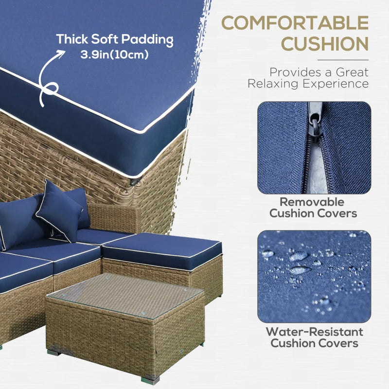 Outsunny 6 Pieces Outdoor PE Rattan Wicker Patio Furniture Sofa Set with Thick Cushions, Deluxe Garden Sectional Couch with Glass Top Table, Yellow and Navy Blue