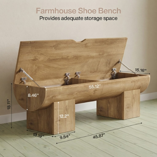 55.1" Farmhouse Storage Bench, Large Entryway Shoe Bench with Hinged Lid, 350 lb Capacity, Natural Wood