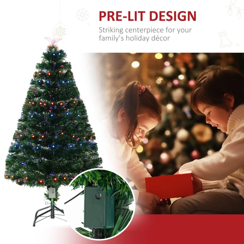 HOMCOM 4FT Pre-Lit Artificial Spruce Christmas Tree with Fiber Optic Lights, Hinged Full Holiday Tree