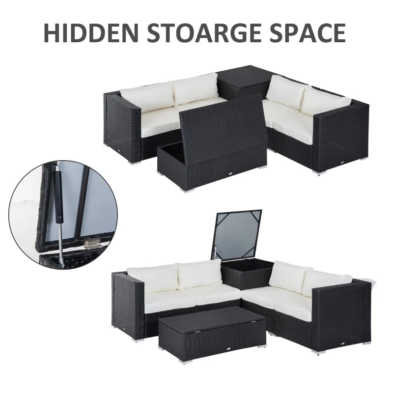 Outsunny 6 Pieces Patio Furniture Set with Cushion, Outdoor PE Rattan Wicker Sectional Conversation Furniture Sofa with Storage Table and Coffee Table, Beige