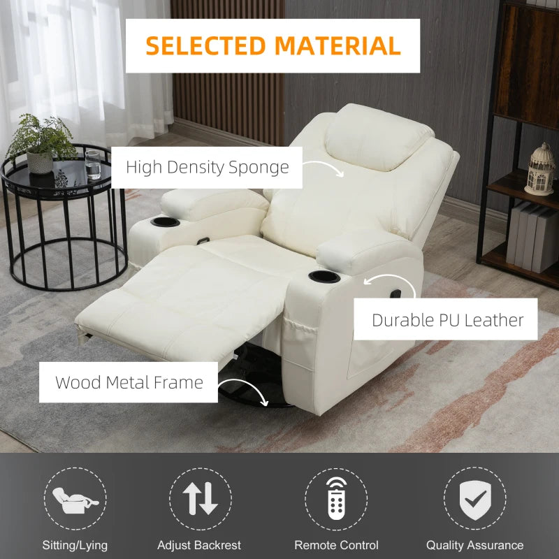 HOMCOM Massage Recliner Chair for Living Room with 8 Vibration Points, PU Leather Swivel Rocker Manual Reclining Chair with Cup Holders, Cream White