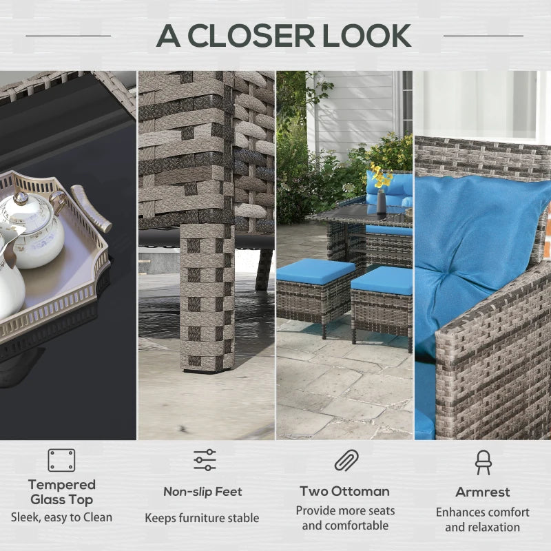 Outsunny 6pcs Outdoor Rattan Sofa Set Garden Wicker Sectional Couch Furniture Set with Dining Table and Chair Blue