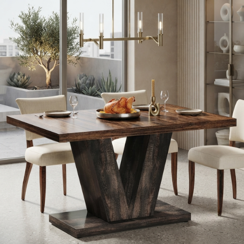 47.25" White & Oak Dining Table, Farmhouse Kitchen Table with Pedestal Base for 4-6 People