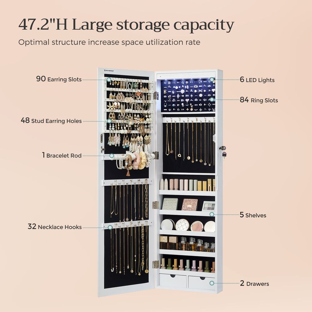 SONGMICS Lockable Wall or Door Mounted Jewelry Armoire Organizer with Mirror