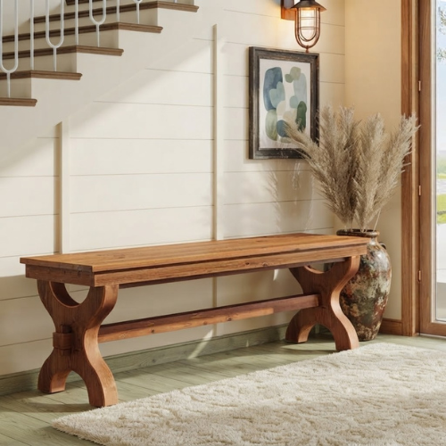 55.11" Solid Wood Farmhouse Bench, Rustic Entryway & End-of-Bed Bench with Curved Legs, 300 lb Capacity, Brown