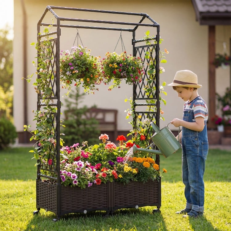 5.5 FT Self-Watering Planter Boxes with Lattice Trellis and Roof-Brown