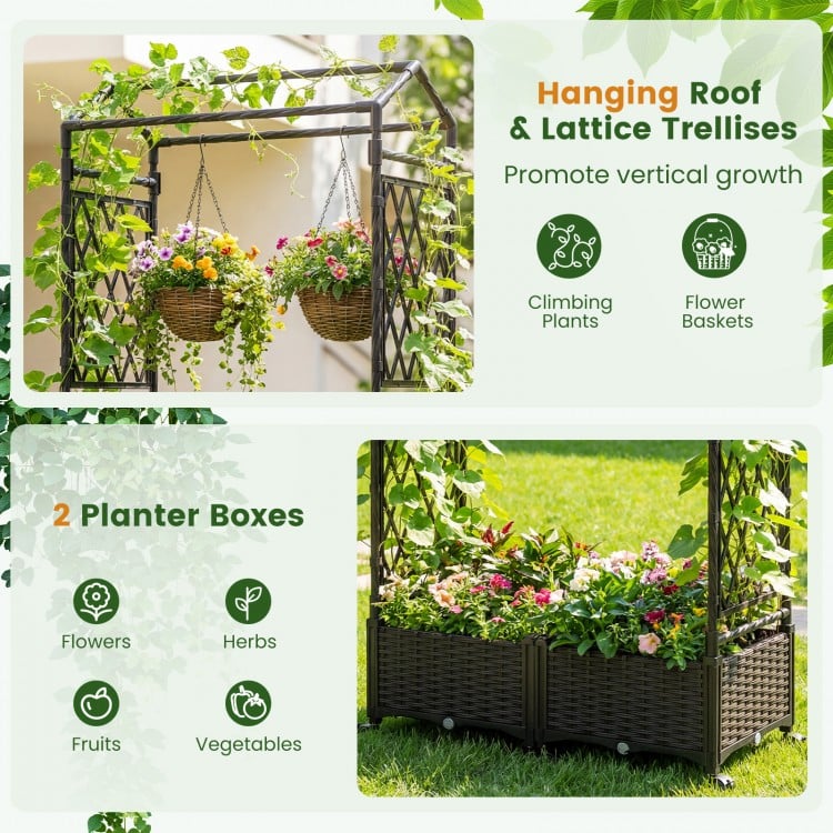 5.5 FT Self-Watering Planter Boxes with Lattice Trellis and Roof-Brown
