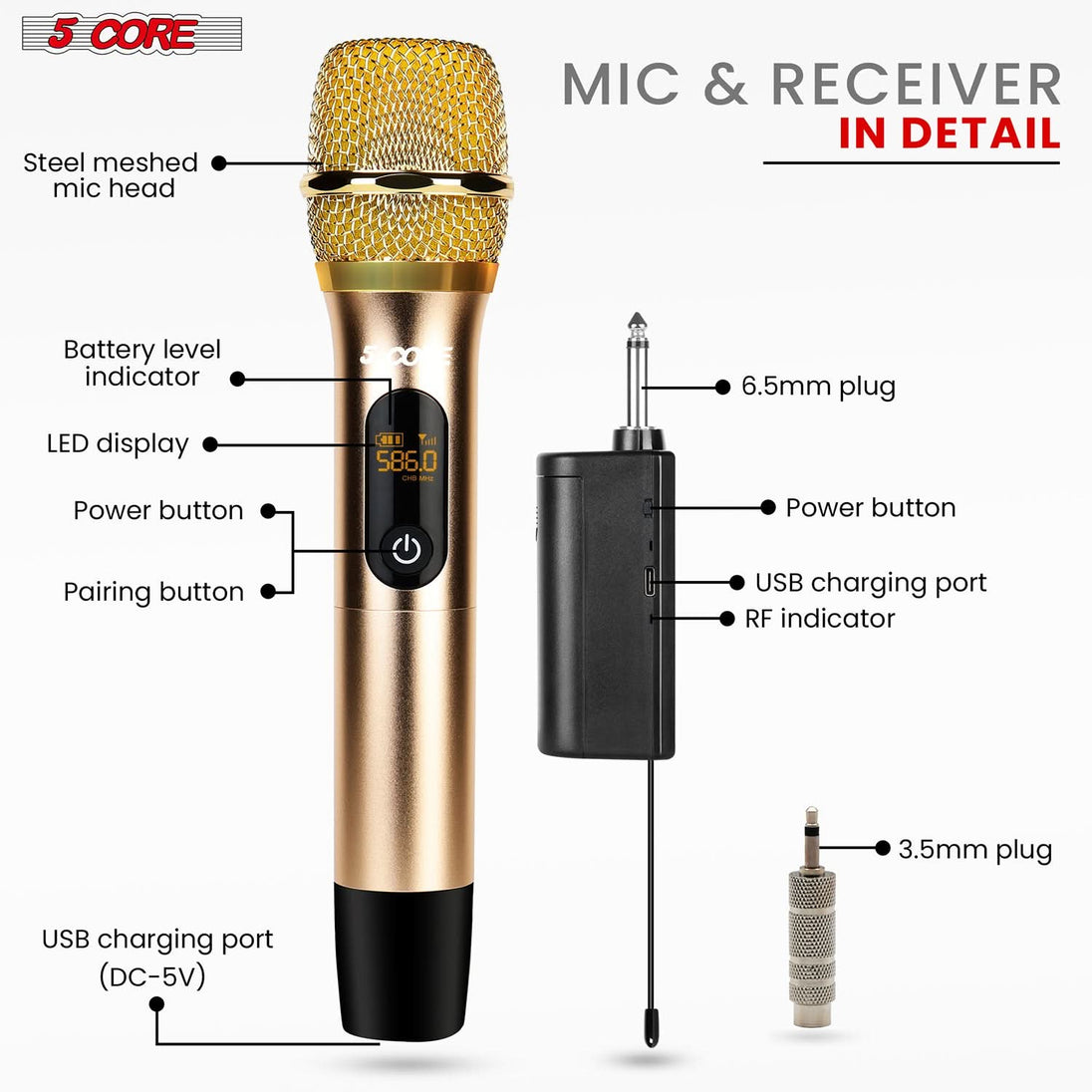 5Core Wireless Microphone Pair UHF Handheld Microfonos Inalambricos Cordless Mic GOLD