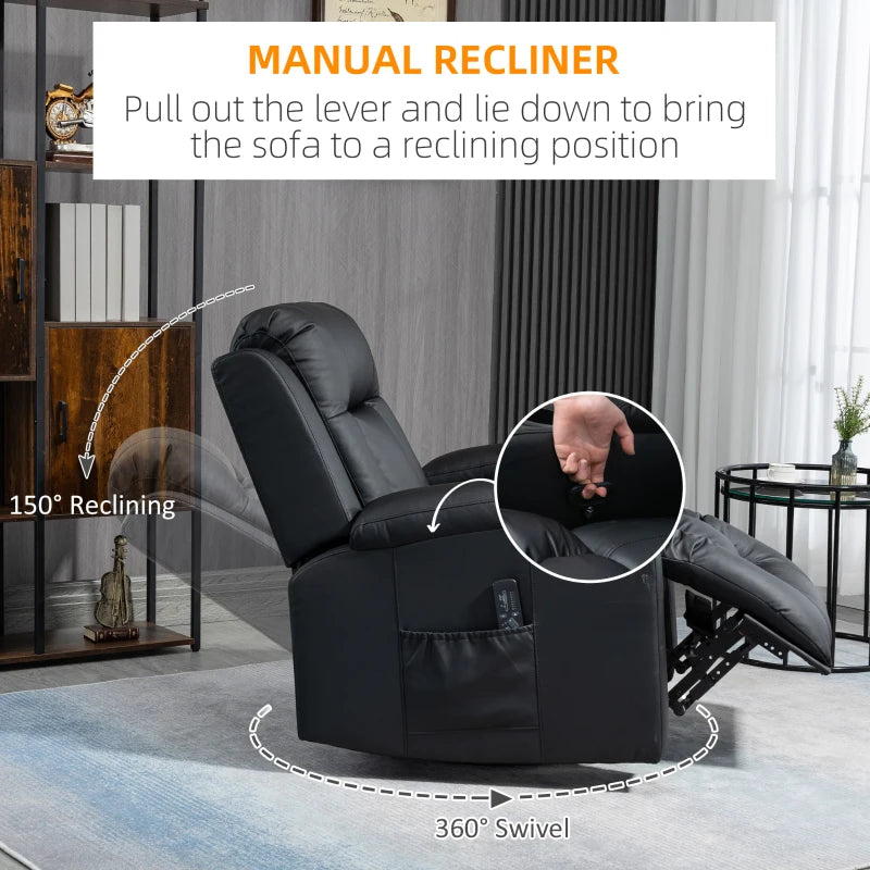 HOMCOM Massage Recliner Chair for Living Room with 8 Vibration Points, PU Leather Manual Reclining Chair with Cup Holders, Swivel Base, Rocking Function, Black