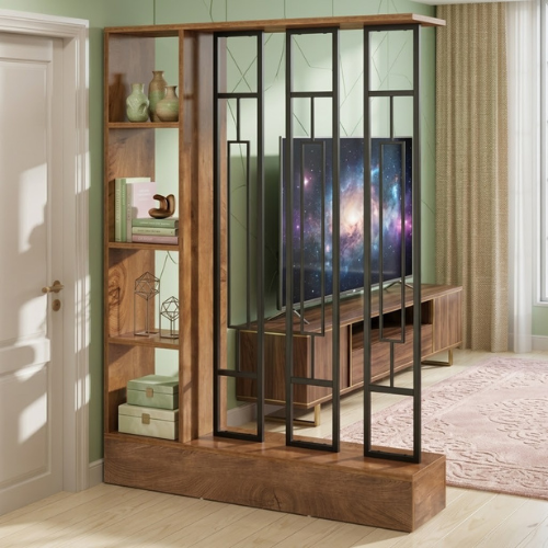 70.9" Freestanding Room Divider with Shelves, Modern Open-Shelf Wall Partition, 4-Tier Display Shelf for Living Room & Office