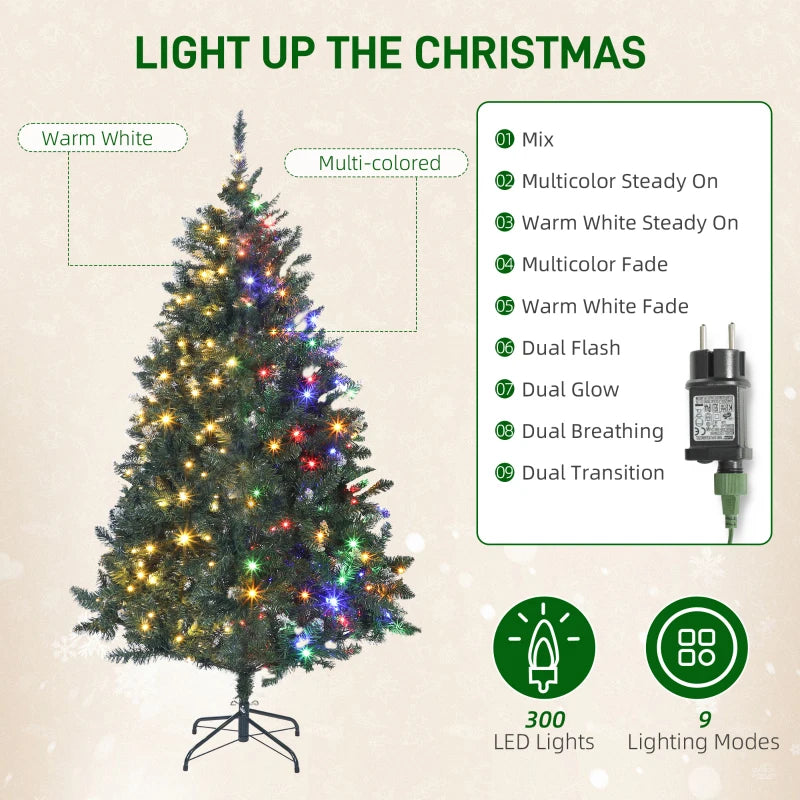 HOMCOM 6ft Frosted Pre-Lit Christmas Tree – Full Spruce with Dual Colour LED Lights, Hinged Design, Easy Assembly