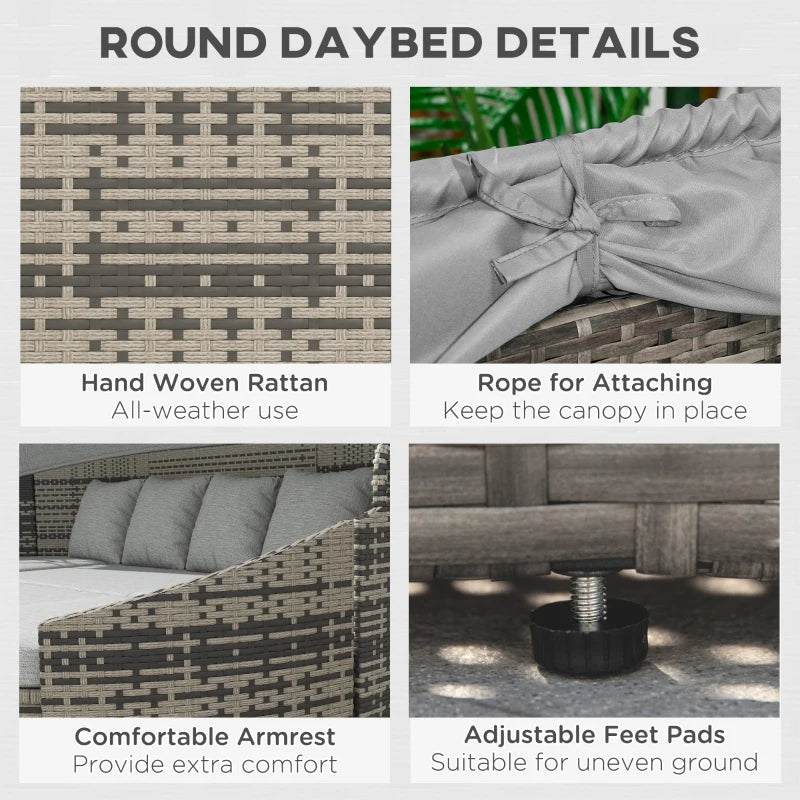 Outsunny 4 Pieces Patio PE Wicker Round Daybed, Outdoor Rattan Garden Lounge Furniture Sets, Light Grey