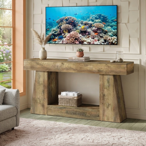 63" Farmhouse Console Table, Wooden Sofa Table with 2-Tier Storage Shelves, Narrow Hallway Entryway Table