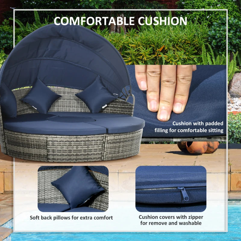 Outsunny 4 Pieces Outdoor Daybed with Retractable Canopy, PE Rattan Wicker Round Sofa Day Bed, Patio Sectional Conversation Furniture Set with Cushions and Pillows, Dark Blue