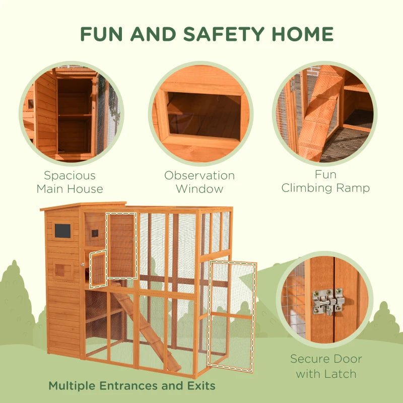 PawHut 68.75" H Cat Cage Large Wooden Outdoor Cat House with Large Run for Play, Catio for Lounging, and Condo Area for Sleeping, Natural