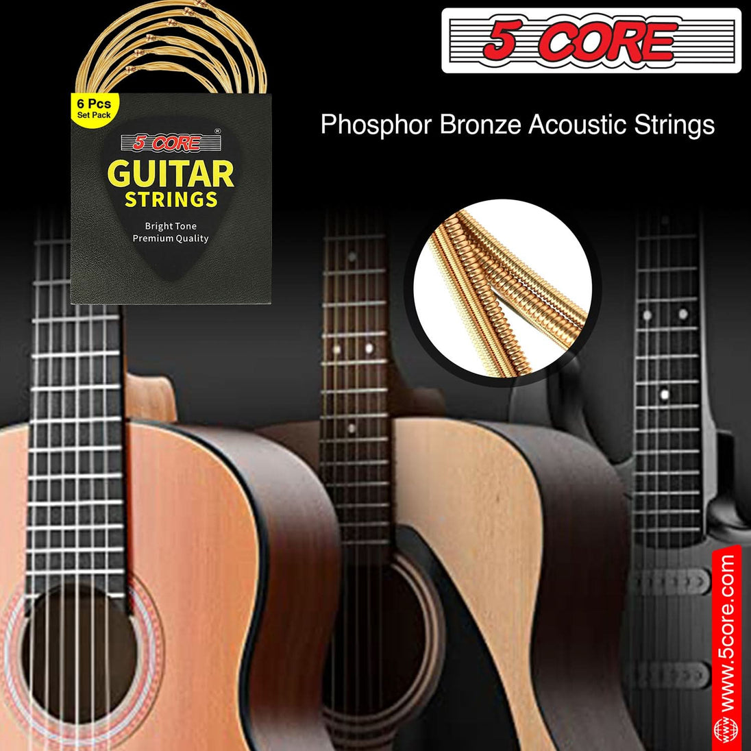 5Core Acoustic Guitar Strings 0.010-0.047 Steel Gauge Heavy Duty w Bright Tone For 6 String Guitars (Copy)