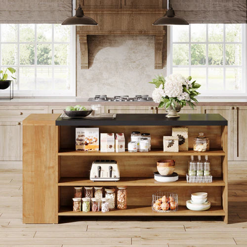 Kitchen Island 55" Farmhouse Coffee Bar Table with Storage 5 Shelves Vintage Brown