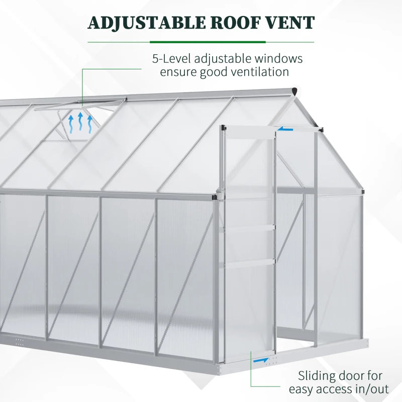 Outsunny 6' x 12' x 6.5' Walk-in Greenhouse, Polycarbonate Greenhouse with Adjustable Roof Vent, Base, Sliding Door, Clear
