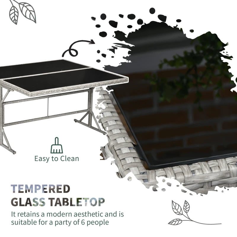 Outsunny 5 Pieces Wicker Patio Dining Set, Conversational Rattan Loveseat Sofa, Ottoman and Dining Table, 6-seater Outdoor Furniture Set with Glass Tabletop and Cushions, Gray