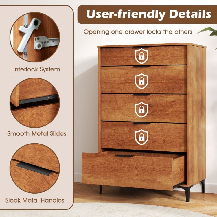 5-Drawer Dresser with Interlock System for Bedroom Living Room-Cherry