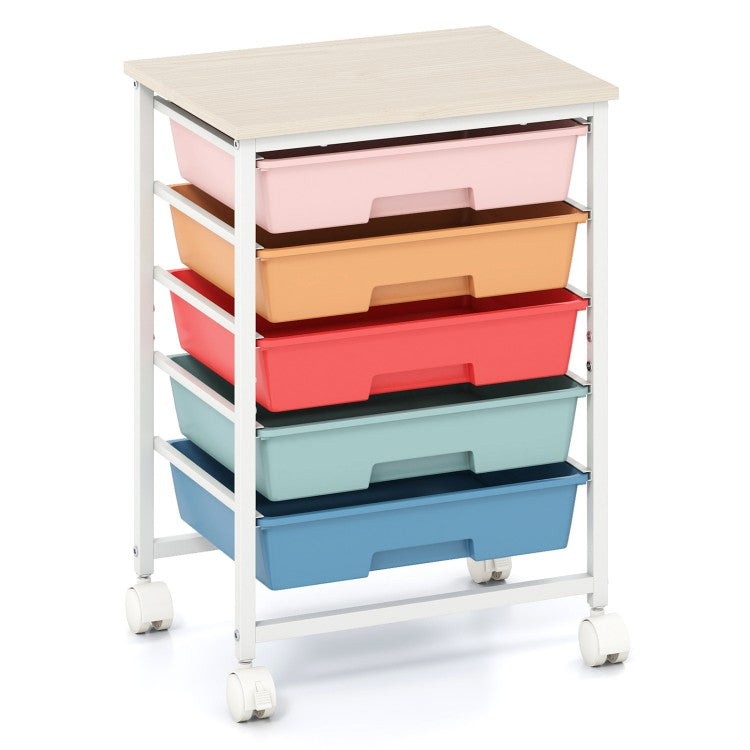 5-Drawer Rolling Storage Cart with Wooden Tabletop and Metal Frame – Craft & Organizer Cart