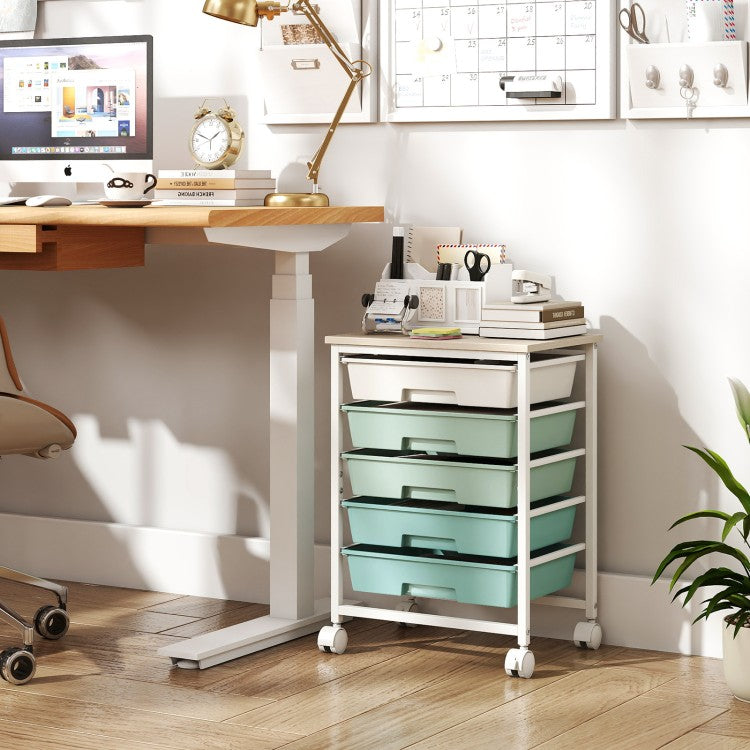 5-Drawer Rolling Storage Cart with Wooden Tabletop and Metal Frame – Craft & Organizer Cart