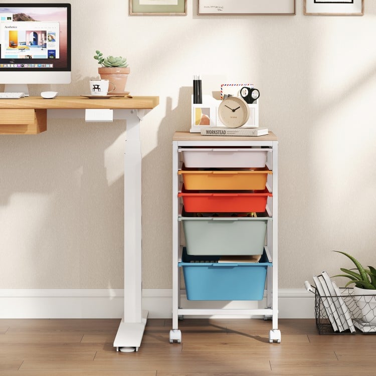 5-Drawer Rolling Storage Cart Mobile Utility Organizer with Wooden Tabletop and Lockable Wheels-Macaron