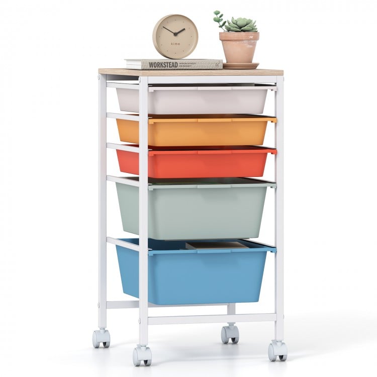 5-Drawer Rolling Storage Cart Mobile Utility Organizer with Wooden Tabletop and Lockable Wheels-Macaron