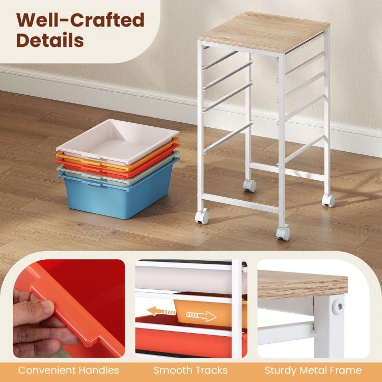 5-Drawer Rolling Storage Cart Mobile Utility Organizer with Wooden Tabletop and Lockable Wheels-Macaron