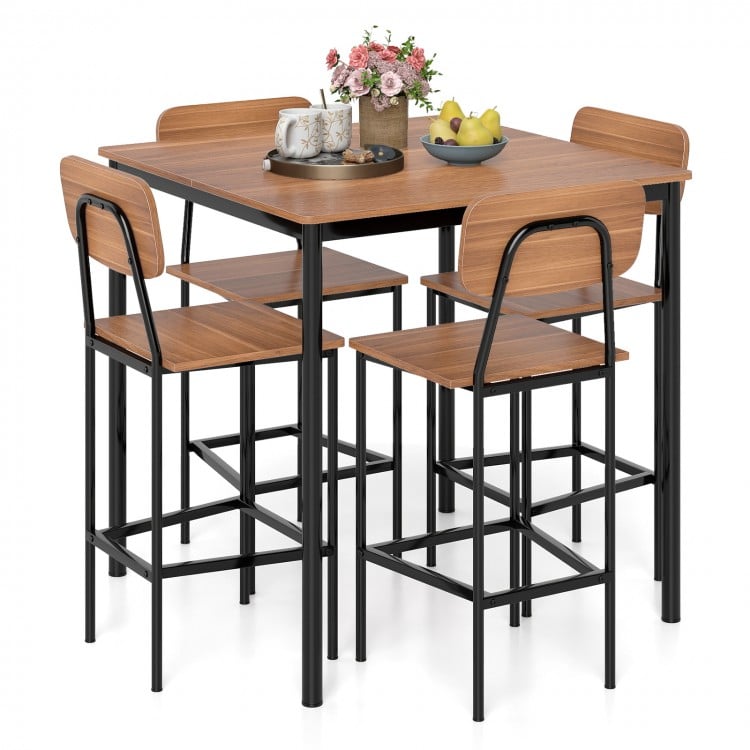 5 Pieces Industrial Dining Table Set with Counter Height Table and 4 Bar Stools-Coffee