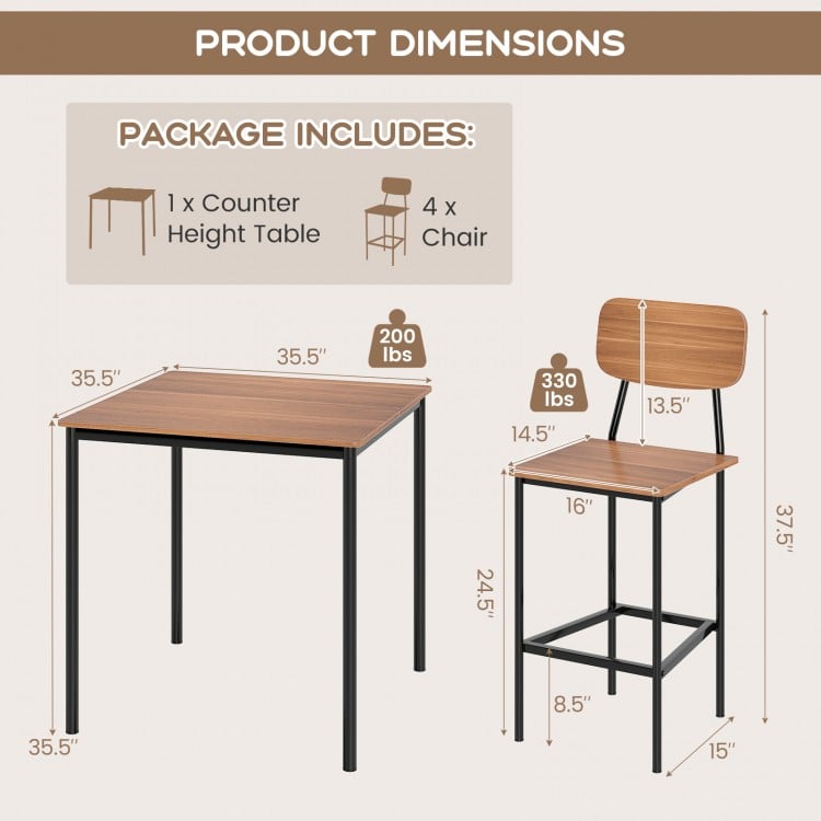 5 Pieces Industrial Dining Table Set with Counter Height Table and 4 Bar Stools-Coffee