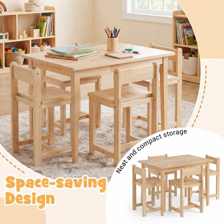 5-Piece Kids Table and Chairs Set Solid Rubber Wood Toddler Activity Table-Natural